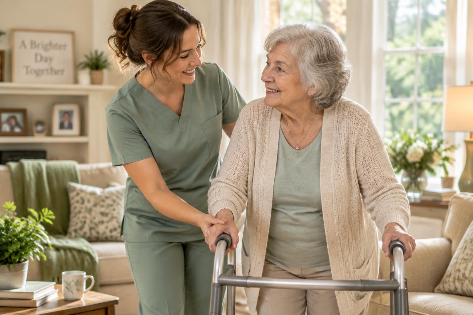 Caregiver embracing a senior woman